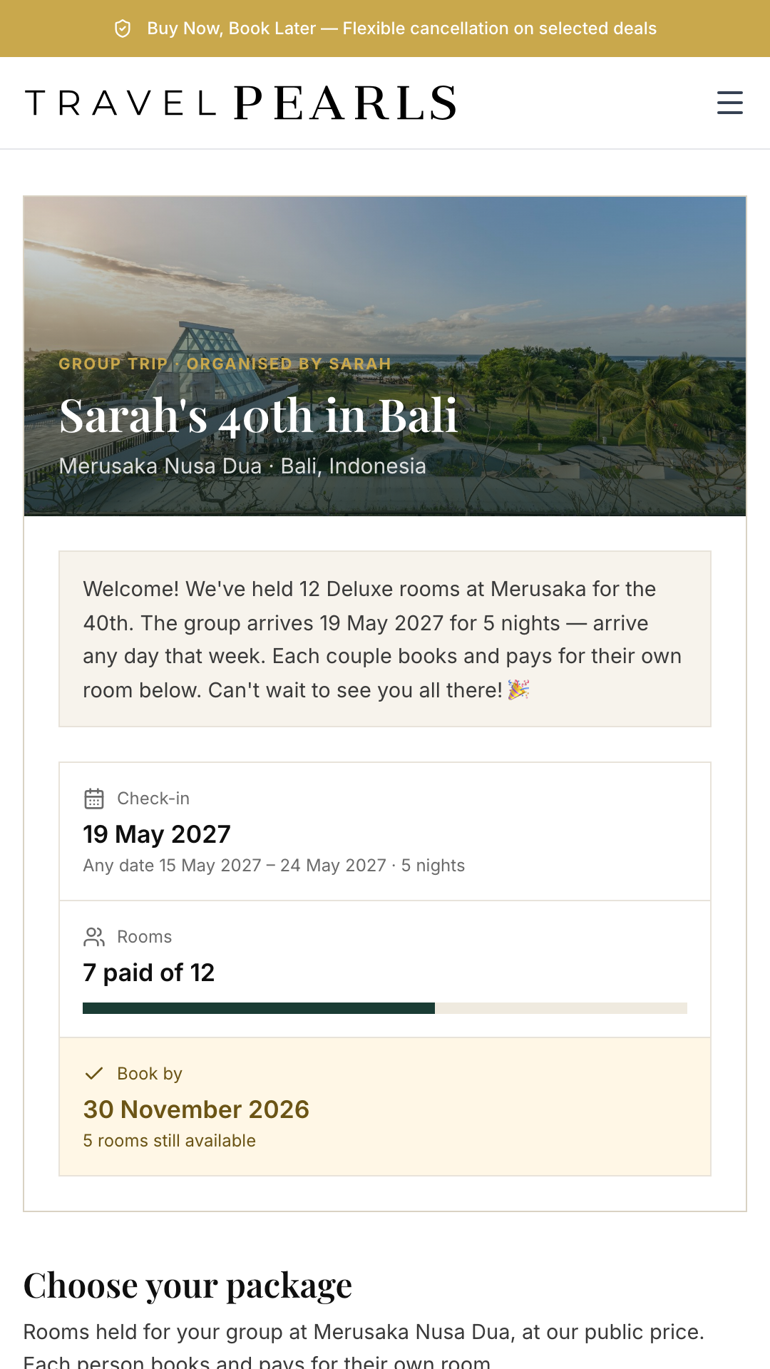 A private group page for an example trip showing the resort photo, the group's name, welcome note, check-in window, rooms paid and book-by date