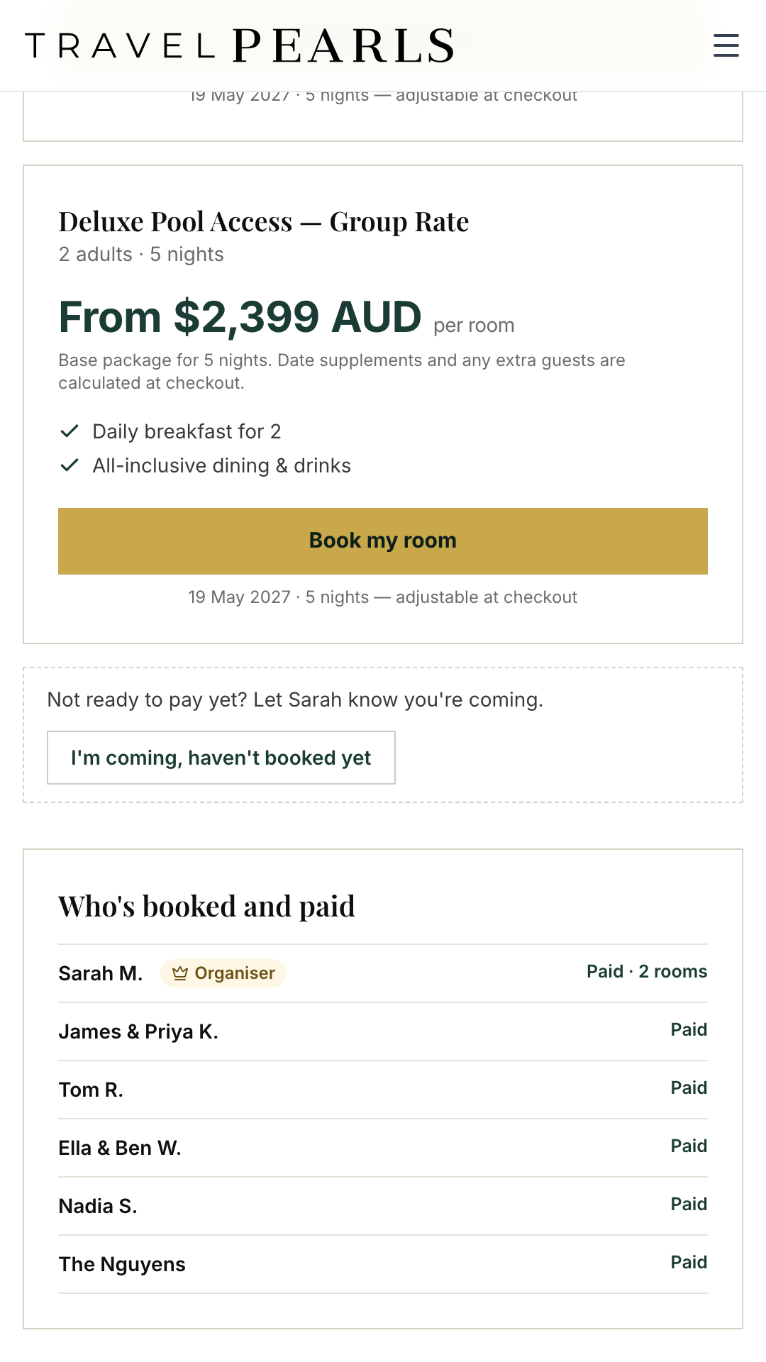 The 'Who's booked and paid' list on an example group page, showing a package card, the RSVP button and each household marked as paid