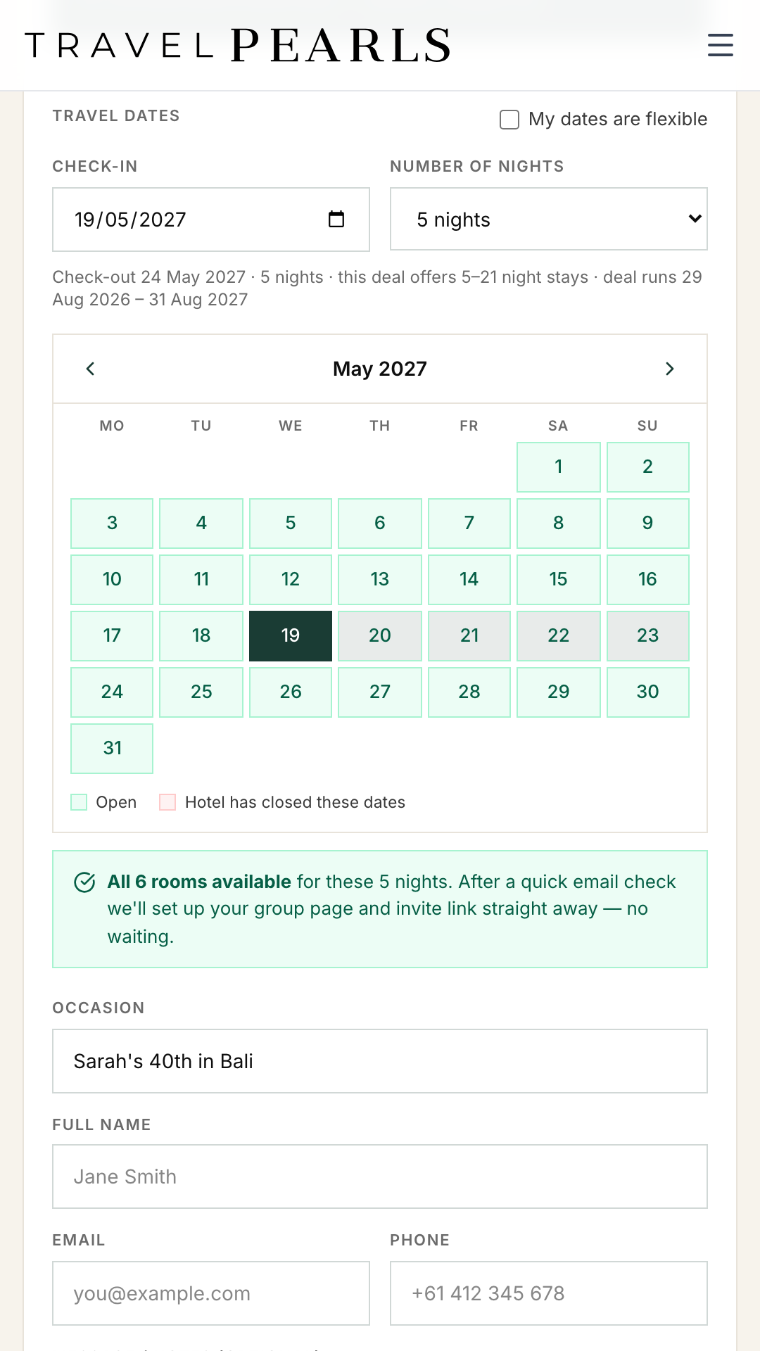 The Group Bookings enquiry form showing a May 2027 availability calendar with open dates and a live check confirming all six rooms are available for five nights