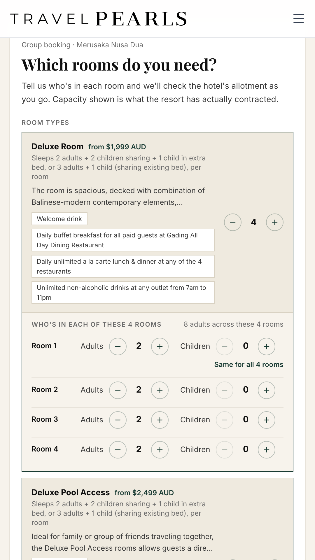 The TravelPearls Group Bookings room picker showing four Deluxe Rooms selected at Merusaka Nusa Dua, with adults and children set for each room